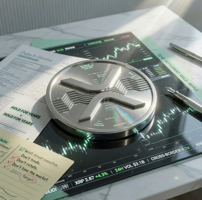 A large silver XRP (Ripple) coin resting on financial documents and a stock chart displaying 'XRP 2.87 +4.3% | 24H VOL $3.1B | CROSS-BORDER 4.2%', with sticky notes reading 'HOLD FOR YEARS' and a checklist.