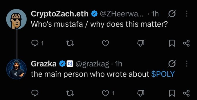 A Twitter exchange where CryptoZach.eth asks 'Who's/mustafa/why does this matter?' and Grazka replies 'the main person who wrote about $POLY'.