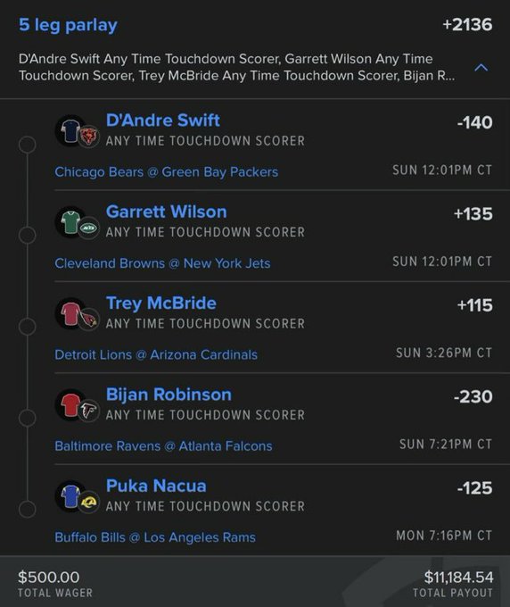 A sports betting interface showing a 5-leg parlay with players including D'Andre Swift, Garrett Wilson, Trey McBride, Bijan Robinson, and Puka Nacua, with odds listed for each, a $500.00 total wager, and a potential $11,184.54 total payout.