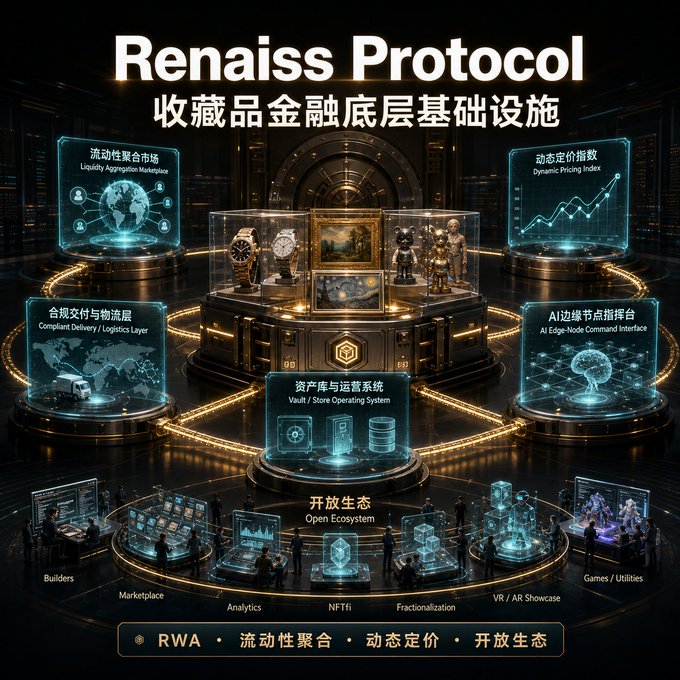 A promotional graphic for 'Renaiss Protocol' described as '收藏品金融底层基础设施' (collectibles financial infrastructure), showing a futuristic vault with collectibles and various modules including Liquidity Aggregation Marketplace, Dynamic Pricing Index, Vault/Store Operating System, and an Open Ecosystem.