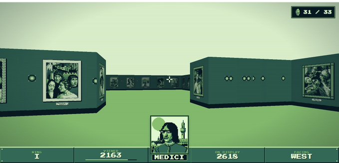 A first-person view inside a virtual gallery with green walls shows framed black-and-white portraits and a crosshair in the center, with UI elements indicating 'CITY I', 'YEAR 2163', 'MEDICI', 'COMPETENCY 2618', 'DIRECTION WEST', and a progress bar of '31 / 33'.