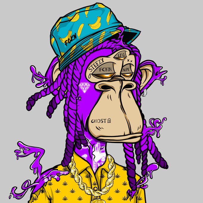 A colorful cartoon illustration of a purple monkey character with braided hair, wearing a teal banana-patterned cap and a yellow shirt, featuring text including 'FCKN', 'STEEZY', 'APE', and 'GHOST'.