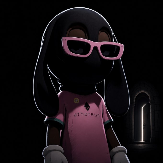 A 3D-rendered cartoon character with long black ears wearing pink sunglasses and a pink shirt with the Ethereum logo and 'athereun' text, standing near a lit doorway.