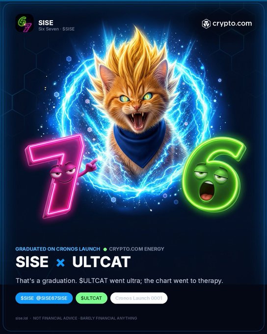 A promotional crypto graphic featuring a fierce orange cat with glowing Super Saiyan-like hair surrounded by blue energy, flanked by cartoonish pink '7' and green '6' characters, with text reading 'SISE × ULTCAT' and 'GRADUATED ON CRONOS LAUNCH'.