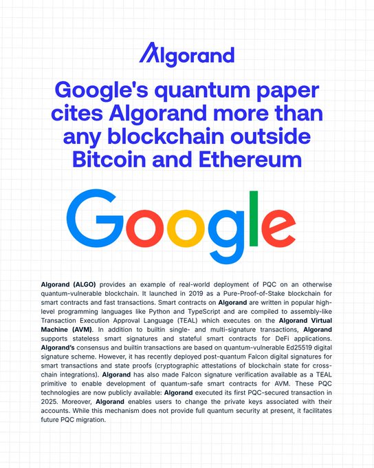 The image features a white background with blue text that reads "ALGORAND is the blockchain best prepared for the quantum threat Your assets and transactions are secure on ALGO". The text is written in black, making it stand out against the white background. The image also includes an illustration of the Google logo at the top center, which further emphasizes the connection to the post about the importance of securing one's assets using blockchain technology.