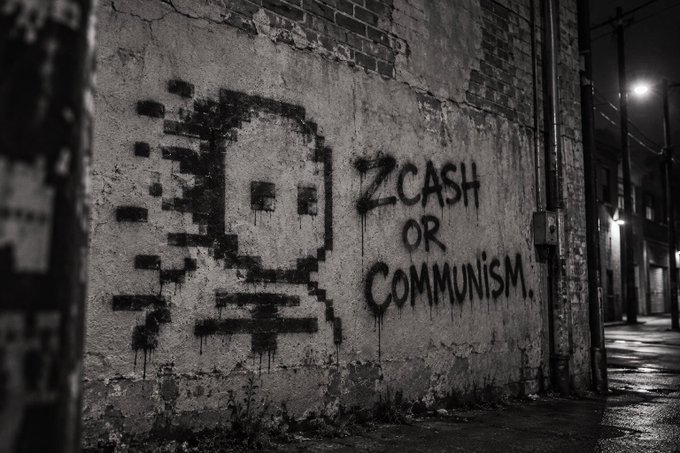 The accompanying post references the slogan written in spray paint on a weathered brick wall, "ZCASH OR COMMUNISM," next to a pixelated skull-and-crossbones stencil. Both elements reinforce the post's anti-communist sentiment, though the image replaces the original ban-on-Communism imagery with the cryptocurrency Zcash as the alternative.