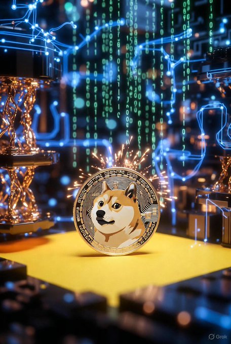 A digital illustration featuring a gold Dogecoin coin standing upright on a yellow surface, with a blue circuit board background displaying digital code and the 'Grok' watermark in the corner.