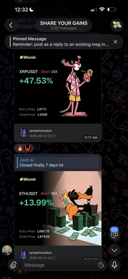 The image shows a Telegram chat called "SHARE YOUR GAINS" featuring two crypto trading wins from Bitunix: XRPUSDT with a +47.53% gain (entry 1.0771, close 1.0259) and ETHUSDT with a +13.99% gain (entry 1,892.76, close 1,879.52), shared by user "iamjoshmoulton" on 2026-08-10. This directly supports the post's claim about the community's trenches chat cooking with successful crypto trades, showcasing real gains as evidence of the team's performance.