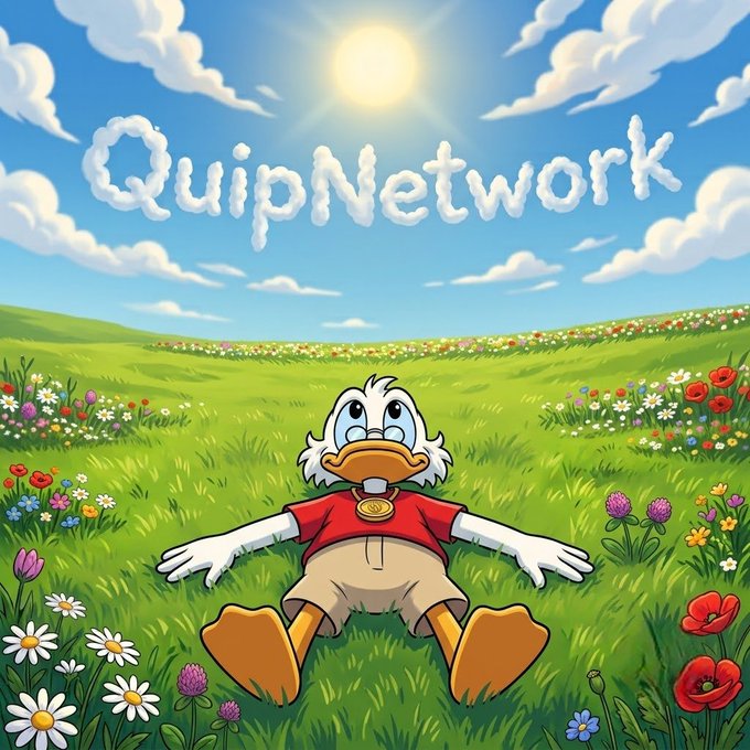 A cartoon illustration of Scrooge McDuck lying in a grassy field of flowers under a sunny sky, with the text 'QuipNetwork' written in clouds above.