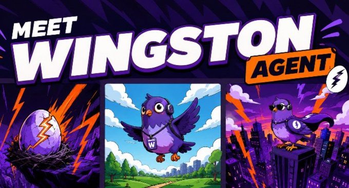 The image is a promotional graphic for "Wingston Agent," featuring a purple cartoon bird character with a lightning bolt emblem shown in three scenes—from a nest with a cracked egg, soaring over a green landscape, and perched on a skyscraper against a stormy cityscape.

The visuals directly illustrate the post's message about Wingston being an AI agent that helps creators identify better posting opportunities rather than guessing, symbolizing the bird's evolution from hesitant beginnings to confident, data-driven success.

Key text visible: "MEET WINGSTON AGENT" with a lightning bolt logo.