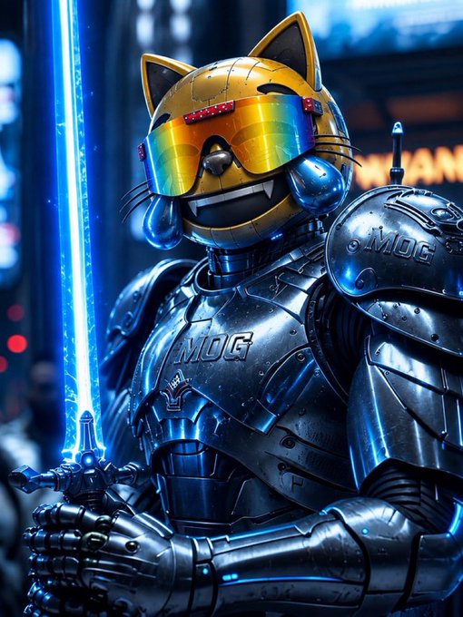 A futuristic armored mech features a cartoonish cat helmet with reflective rainbow visor and the letters "MOG" emblazoned on its chest plate and shoulder, wielding a glowing blue energy sword in a cyberpunk cityscape—fittingly portraying a battle-ready feline warrior for the $MOG crypto meme.