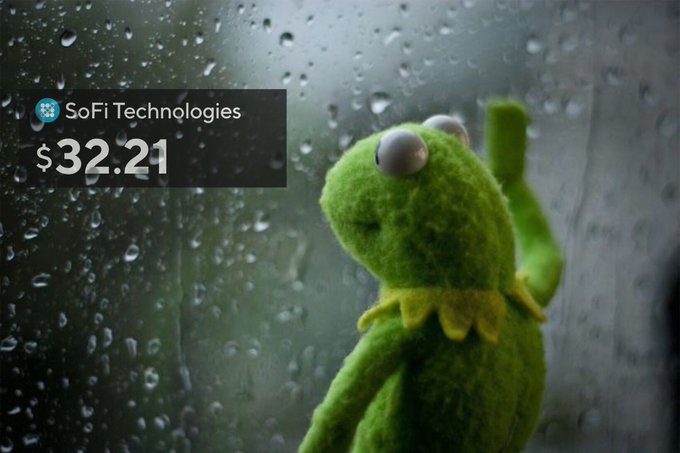 Kermit the Frog stands by a rainy window while an overlay displays "SoFi Technologies" with a stock price of "$32.21".