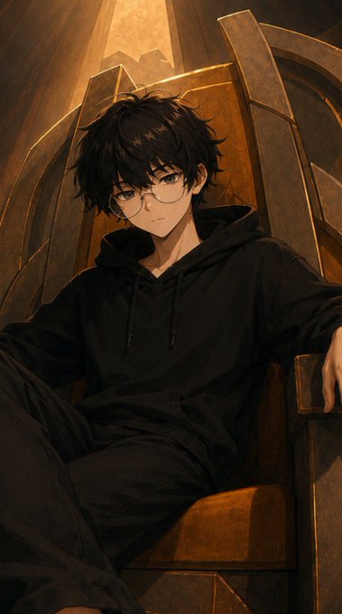 An anime-style character with messy black hair and glasses lounges casually on an ornate golden throne, dressed in a black hoodie. The regal yet relaxed imagery plays on the "gm" (good morning) greeting, suggesting a laid-back, king-like confidence to start the day.
