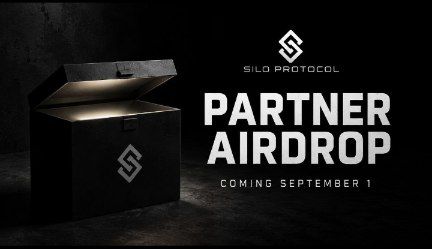 A dark promotional graphic features an open black box with the Silo Protocol logo alongside bold text announcing "PARTNER AIRDROP" coming September 1, visually reinforcing the announcement of a partner token distribution campaign for Silo community members scheduled to begin on that date at 11:00 UTC.