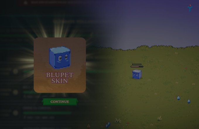 A video game screen displays a 'BLUPET SKIN' popup with a blue cube character and a 'CONTINUE' button over a grassy field.