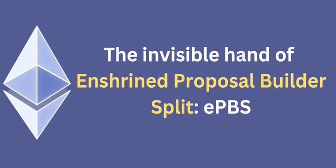 Presentation slide with the Ethereum logo and text reading 'The invisible hand of Enshrined Proposal Builder Split: ePBS' on a blue background.