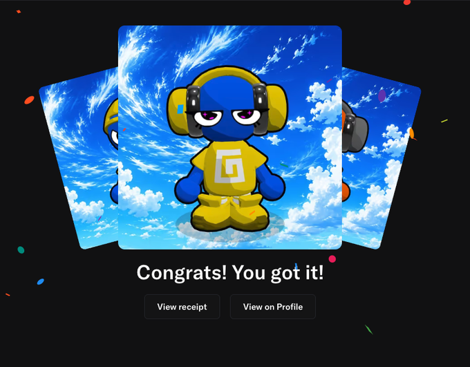 A digital collectible congratulations screen showing a blue cartoon character with headphones and a yellow "G" shirt floating against a cloudy blue sky, with the text "Congrats! You got it!" and buttons for "View receipt" and "View on Profile," celebrating the acquisition of an NFT from TheGodPull collection.