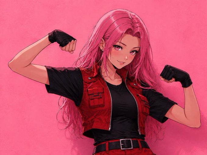An anime-style illustration of a pink-haired female character flexing her biceps while wearing fingerless gloves and a red utility vest over a black shirt, posed against a pink background.