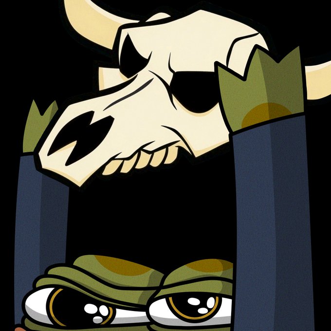 A stylized cartoon illustration showing a green-skinned character wearing a skull mask with horns and a military-style cap.