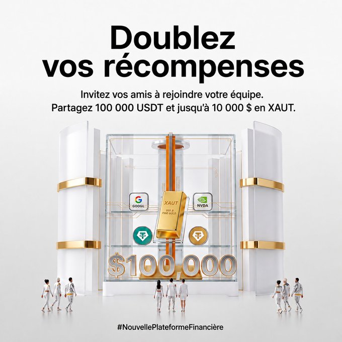 A French promotional graphic titled 'Doublez vos récompenses' inviting users to share 100,000 USDT and up to 10,000 $ in XAUT, featuring logos for Google, NVIDIA, Tether, XAUT, and the hashtag #NouvellePlateformeFinancière.