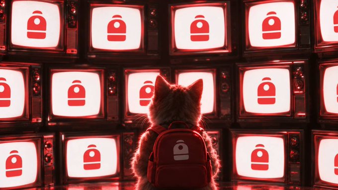 A digital artwork of a fluffy orange cat wearing a red backpack, facing a wall of stacked vintage CRT televisions displaying the red Backpack exchange logo.
