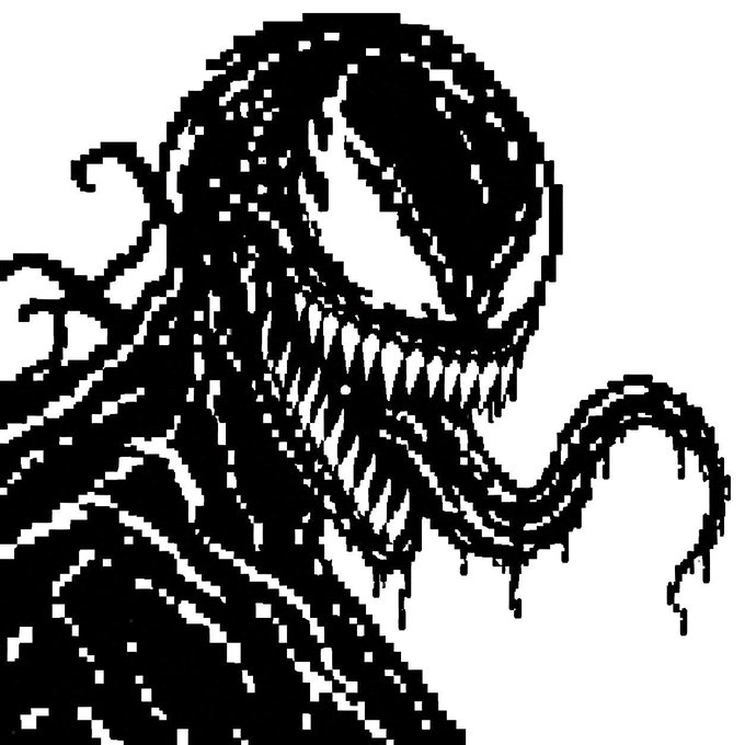 A black and white pixel art illustration of Venom, the Marvel character, showing the iconic symbiote with extended tongue and sharp teeth.