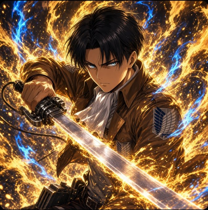 An anime-style illustration of a dark-haired warrior wielding a sword amid swirling orange flames and blue energy, wearing a brown jacket with what appears to be a Survey Corps insignia.
