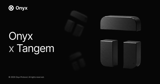 The image features a sleek black background showcasing three metallic, wallet-like devices alongside the text "Onyx x Tangem," suggesting a collaboration between the two brands. The copyright "© 2026 Onyx Protocol. All rights reserved." appears at the bottom, aligning with the post promoting their partnership and the $XCN token.