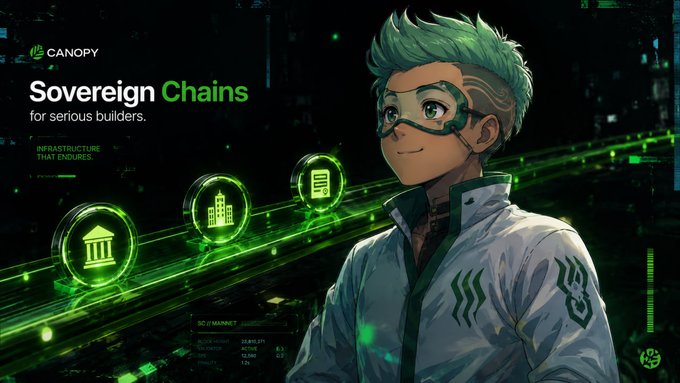 A promotional graphic for 'Canopy Sovereign Chains for serious builders,' featuring an anime-style character with green hair and goggles alongside green digital infrastructure icons.