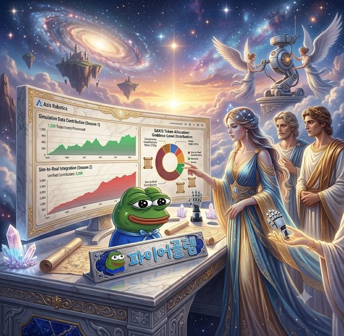 A fantasy-style digital artwork showing a green Pepe frog character and angelic figures examining charts and data on a screen against a cosmic background, with Korean text on the desk sign.