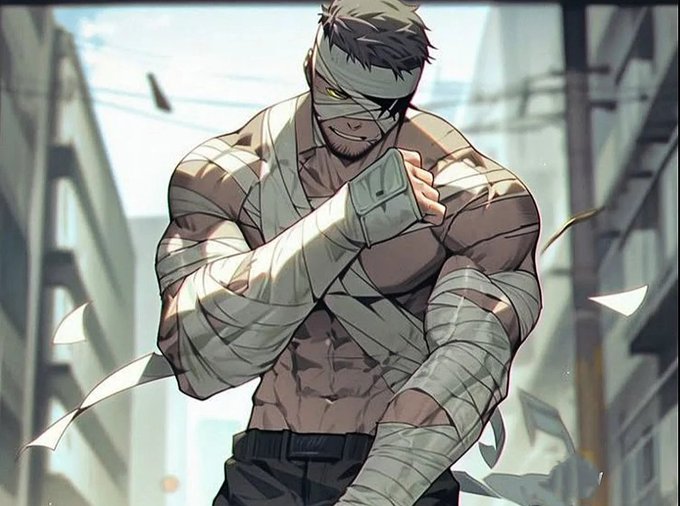 Anime-style illustration of a muscular man wrapped in bandages covering his eyes and torso, with green eyes visible and a slight smirk, set against an urban backdrop with debris floating in the air.