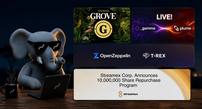 A promotional graphic featuring an elephant in sunglasses on a laptop, alongside news tiles for Grove (G), a '_gamma' Live event with Plume, OpenZeppelin and T-REX partnerships, and Streamex Corp.'s 10,000,000 share repurchase program.