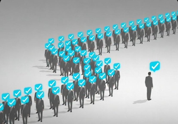 A conceptual illustration showing a single man standing apart from a large crowd of figures, all of which have blue checkmark icons floating above their heads.