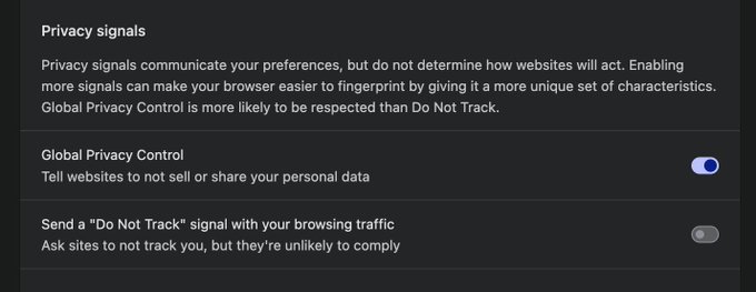 A browser settings panel displaying "Privacy signals" options, with "Global Privacy Control" enabled (to tell websites not to sell or share personal data) and the "Do Not Track" signal disabled. This screenshot illustrates the new privacy features mentioned in the post about Helium browser's latest update.