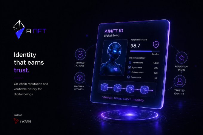 A promotional graphic for 'AINFT' displaying an 'Identity that earns trust' tagline, featuring an AINFT ID card showing a digital being avatar with a reputation score of 98.7 and on-chain history metrics, built on TRON.