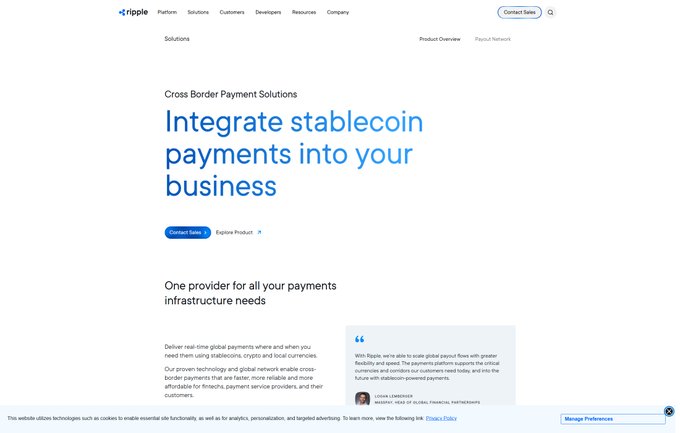 A webpage for Ripple's Cross Border Payment Solutions featuring the headline "Integrate stablecoin payments into your business" alongside a testimonial from Livia Calcabrini of Clear Junction discussing their partnership with Ripple, which directly ties into the announcement of Ripple and Clear Junction's collaboration to expand stablecoin settlement into UK and EU payment corridors.