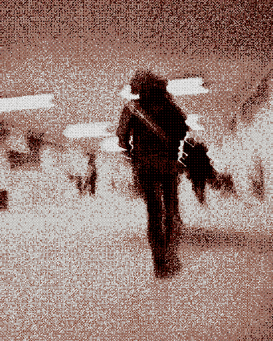 A heavily pixelated, dark silhouette of a person walking in a reddish-toned setting.