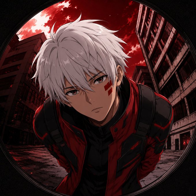 An anime-style illustration of a white-haired male character with red eyes wearing a red and black jacket, set against a dark urban background with a red sky.