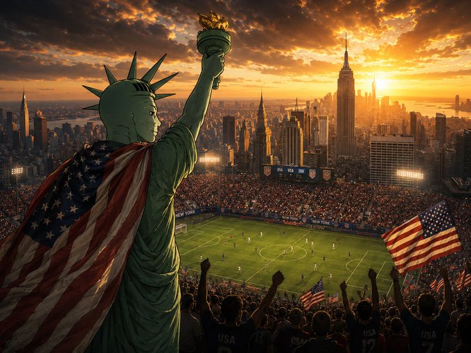 The Statue of Liberty stands in the foreground draped in an American flag, overlooking a packed stadium during a USA soccer match against Brazil, with fans in "USA" jerseys cheering enthusiastically under a dramatic sunset skyline. The image visually reinforces the post's confident prediction of a USA victory over Brazil, serving as a patriotic backdrop to the sports claim.