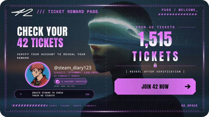 A 'Ticket Reward Pass' graphic for '42' showing an anime-style avatar for user '@steam_diary123' with a 'Verified' badge, and '1,515 TICKETS' waiting for verification.