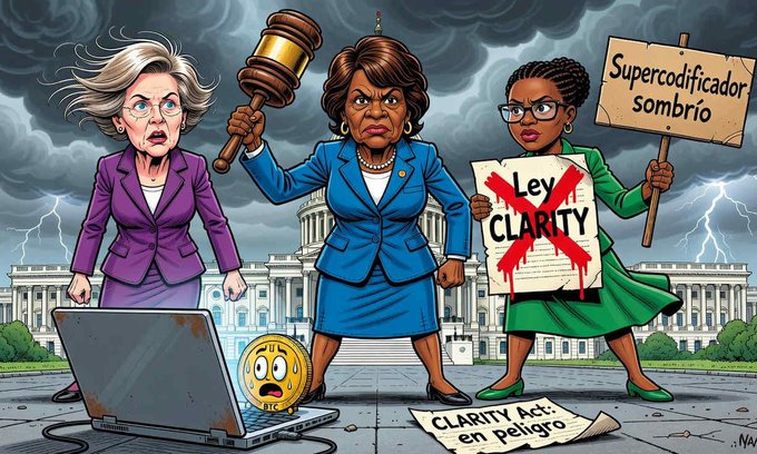A political cartoon showing three women in suits (resembling Hillary Clinton, Maxine Waters, and Anita Hill) standing before the Capitol building, one holding a gavel, another holding a 'Supercodificador sombrío' sign, with crossed-out 'Lex CLARITY' text and 'CLARITY Act en peligro' at the bottom.