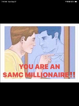 A vintage-style cartoon illustration showing two men (one pointing) with the text 'YOU ARE AN $AMC MILLIONAIRE!!' overlaid.