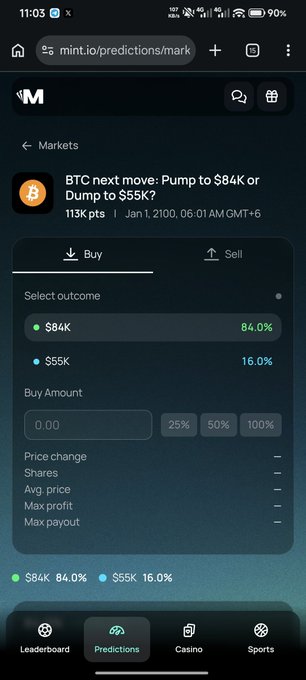 A screenshot of a mobile prediction market app (mint.io) showing a bet titled 'BTC next move: Pump to $84K or Dump to $55K?' with $84K at 84.0% and $55K at 16.0%.