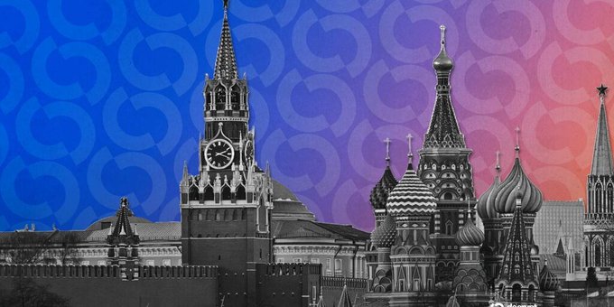 A stylized image featuring black silhouettes of Moscow landmarks including the Kremlin and Saint Basil's Cathedral against a blue-to-pink gradient background with circular patterns.
