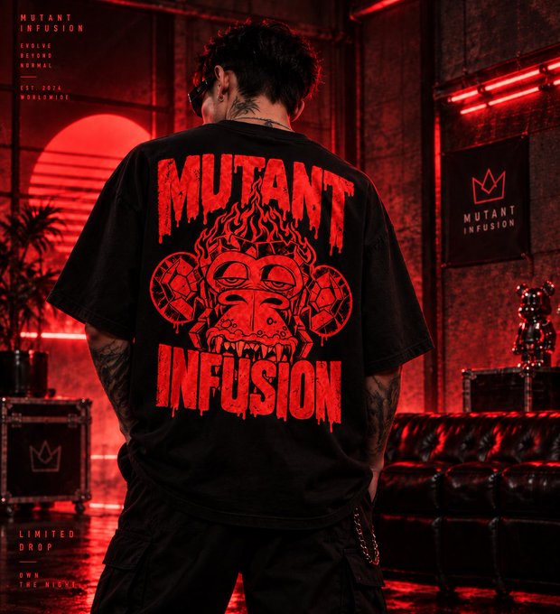 A promotional image features a man from behind wearing a black t-shirt with a red "MUTANT INFUSION" graphic of a horned ape-like creature, set in a dark room with red neon lighting and a "MUTANT INFUSION" flag.