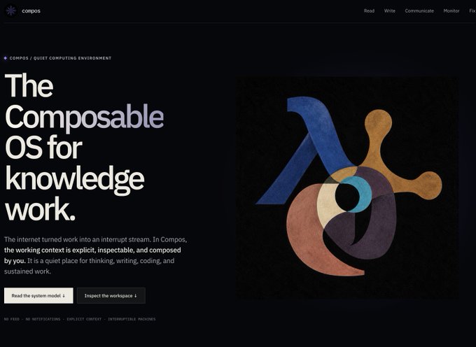 A dark-themed webpage for 'compos' featuring the heading 'The Composable OS for knowledge work.' alongside abstract colorful graphic elements.