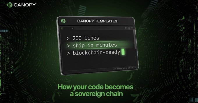 A green-themed promotional graphic for 'CANOPY TEMPLATES' showing a code editor window with '> 200 lines', '> ship in minutes', '> blockchain-ready' and the tagline 'How your code becomes a sovereign chain'.