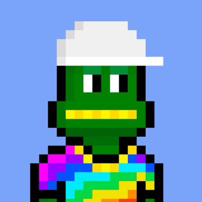 A pixel art character of a green-skinned figure wearing a white cap and a colorful rainbow-patterned shirt against a blue background.