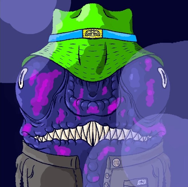 A green chameleon wearing a bucket hat perches atop a menacing purple monster with sharp fangs and a muscular humanoid body dressed in pants, visually illustrating the post's twist of a "monster hiding beneath" the seemingly ordinary chameleon's skin.