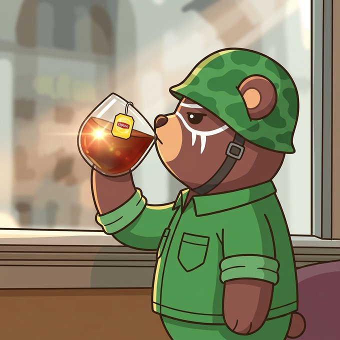 A digital illustration of a bear character wearing a green military uniform and camouflage helmet, drinking from a glass of tea with a Lipton tea bag tag hanging from the rim.